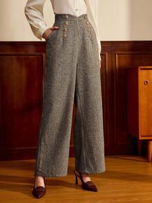 Vintamour 复古优雅女士长裤，带口袋，羊毛千鸟格双排扣休闲办公度假套装裤，秋季女装，冬季女装，商务休闲女装，办公室女装，工作女装，西式女装，秋季女装，工作女装，秋季女装，圣诞节教堂服装，工作裤，早午餐女装，节日女装，西式女装 - 黑與白 - 查看 2