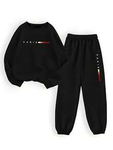 BamGleam 巴黎极简主义数码印花休闲舒适百搭女士两件套运动衫和裤子套装，带保暖内衬 - 黑色 - 查看 3