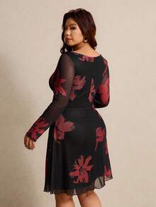 Elaquor Đầm dài tay cổ xếp ly in hoa dành cho nữ cỡ lớn, kiểu dáng thanh lịch. - màu đen - Xem 2