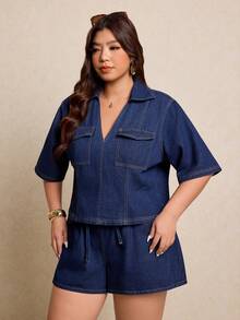 Elaquor 大码女式牛仔翻领短袖工装口袋衬衫和牛仔短裤休闲两件套 - 深色水洗藍 - 查看 6