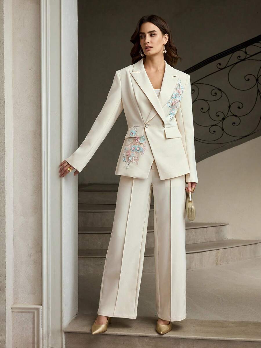 ZEYLAH Quần tây nữ màu trơn thanh lịch kiểu dáng que tăm, có túi. - Màu be - Xem 1