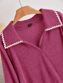CosyJoli Plus Size Casual Tape Patchwork Polo Collar Ruched Side Seam Ribbed Textured Knit Pullover T-Shirt For Spring - Hot Pink - View 5