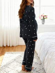 Moonlight&Mama 2pcs Heart Print Trim Nursing Maternity Long Sleeve Pajama Set