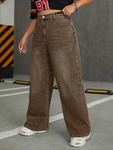 SHEIN ICON 大码女式时尚休闲宽松牛仔阔腿裤 - 咖啡棕 - 查看 6