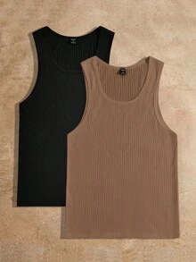 Manfinity VCAY 男士纯色圆领罗纹针织休闲上衣 男士无袖上衣 男士背心套装 男士背心 棕色背心 男士棕色上衣 罗纹背心 - 彩色 - 查看 7