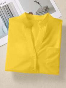 Camisa elegante informal de color liso con cuello en V y botones para mujer,Top de manga larga casual de moda - Amarillo - Ver 5