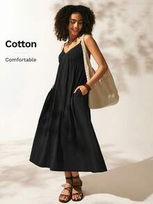 Easelle 寬鬆休閒v領度假風sundress - 黑色 - 查看 7