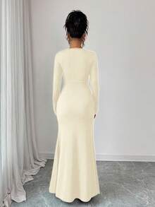 Elenzga Đầm dự tiệc thanh lịch màu trơn dành cho nữ, cổ chữ V sâu, xếp ly, xẻ tà. - Màu Khaki - Xem 2