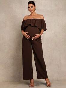 MaterniChic Maternity Clothes Maternity Solid Color Patchwork Ruffle Off Shoulder Jumpsuit Elegant - Brown - View 8