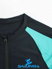 Zalmeno 男士撞色拉链长袖连体泳衣 长袖泳衣 男士泳装 男士泳裤 带压缩功能的潜水服 男士冲浪泳衣 泳池服 男士游泳套装 - 黑色 - 查看 8