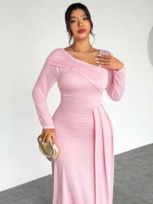 Firerie Đầm nữ cỡ lớn dáng suông, vạt bất đối xứng, xếp ly vai, kiểu dáng thanh lịch, tay dài, ôm xòe, phù hợp cho mùa xuân, hè, thu và đông. - Hồng - Xem 5