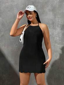 Comfortcana Plus Solid Halter Neck Backless Dress - Black - View 14