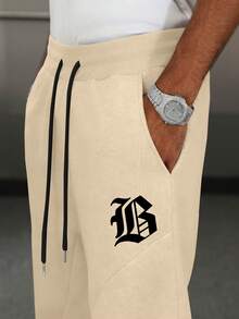PAVTROS Men's Letter Print Drawstring Waist Casual Versatile Commuter Sweatpants - Khaki - View 2