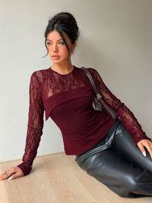 Siren Gaze Áo kiểu nữ thanh lịch phối ren, chất liệu xuyên thấu, hàng mới về mùa Thu/Đông. - Màu Đỏ Sâu - Xem 5