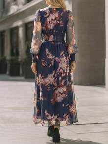 EMERY ROSE Robe élégante pour femmes avec col en V profond, tricot torsadé, taille fluide, imprimé floral semi-transparent et manches évasées - Multicolore - Voir 2