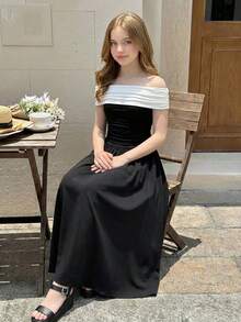 Serisse Kids Váy chữ A trễ vai màu đen trắng thanh lịch cho bé gái tuổi teen, Váy đen cho bé gái tuổi teen Váy đen trễ vai cho bé gái tuổi teen Váy trễ vai cho bé gái tuổi teen - Đen và trắng - Xem 9