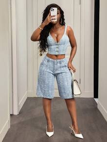 Slaydiva 女士Y2K单排扣时尚牛仔吊带背心，浅蓝色修身蓝色上衣，适合度假、休闲外出、情人节等场合。 - 淺色水洗藍 - 查看 1