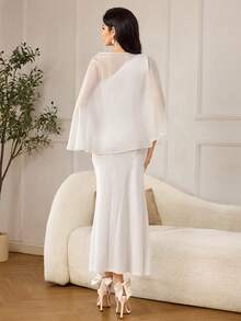 Modelyn Vestido largo ajustado de mujer con patchwork de gasa francesa - Blanco - Ver 3