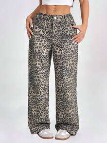 SHEIN PETITE 女士豹纹简约日常长裤 - 棕色 - 查看 9