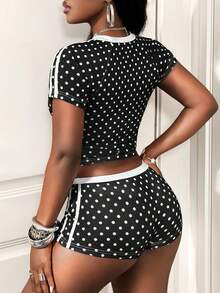 BamGleam 女士休闲波点短袖短裤套装，春夏款，波点图案，春夏款，女士两件套短裤套装，女士短裤套装，夜店装，两件套，小码两件套 - 黑與白 - 查看 3