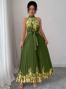 Elenzga Women's Summer Elegant Floral Loose-Fitting Halter Dress - Army Green - View 6