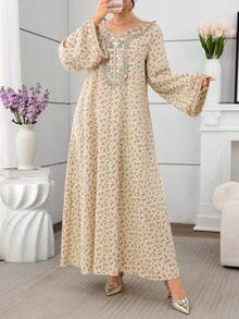 Yasmyna Women's Apricot Woven Floral Embroidered Collar Scalloped Hem Elegant Arabic Style Dress, Spring/Summer - Apricot - View 5