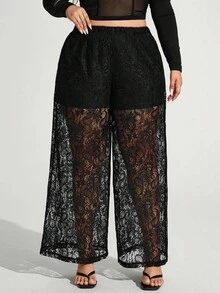 Truni Ropa de otoño para mujer, pantalones anchos de encaje transparente elegantes y sexys de talla grande para invierno - Negro - Ver 8