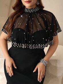 Coutiva 大码女式拼接仿珍珠装饰网纱高端晚礼服，优雅派对礼服，尽显奢华气质 - 黑色 - 查看 8