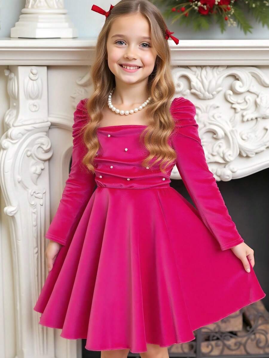 Elladie kids Tween Girls' Long Sleeve Off Shoulder Beaded A-Line Princess Dress, Spring/Autumn - Pink - View 1