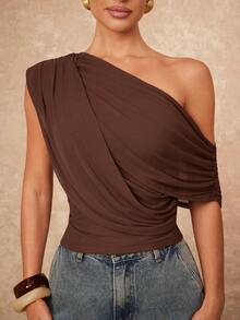 Lumalex 新款高端女士休闲日常通勤优雅纯色腰部不对称肩部褶皱优雅上衣，秋季/商务休闲 - 棕色 - 查看 5