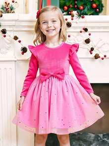 Glamorique Kids Girls' New Velvet Patchwork Star Mesh Red Christmas Dress, Suitable For Autumn/Winter, Quality Fabric, Soft Star Mesh, Velvet Patchwork Design, Suitable For Christmas And Casual Occasions