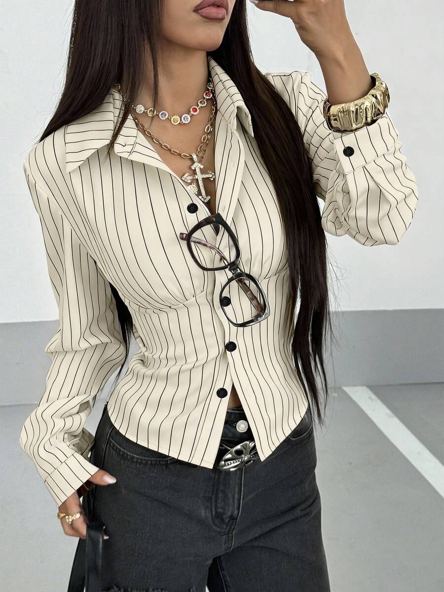 StreetHx 女士复古条纹修身衬衫 - 杏色 - 查看 1