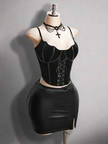 SHEIN ICON Áo corset hai dây màu đen gợi cảm và thời trang phong cách Millennials Y2K, tối màu Gothic, tiên phong và táo bạo, phối da và nhung, thiết kế cánh dơi. - màu đen - Xem 11