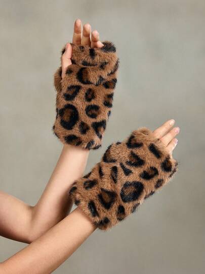 J-Fashion 1 Pair Punk Style Leopard Fluffy Gloves, Y2K Fuzzy Warm Gloves For Winter