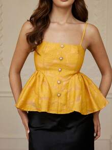 BELROSIE Women's Sleeveless Top With Floral Jacquard Pattern, Cute & Sweet Girly Style, Pearl Button Decor, Ruffle Hem - Yellow - View 3