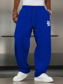 PAVTROS Men's Letter Print Drawstring Waist Casual Sweatpants - Blue - View 7