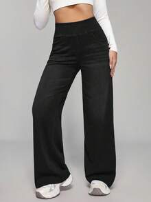 SHEIN PETITE Quần jean denim nữ cạp cao, ống rộng, có túi, dáng rộng, thoải mái - màu đen - Xem 7