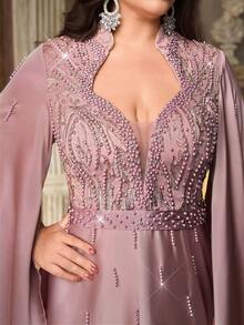 Aureia 大码优雅奢华莲花粉色中式立领不规则荷叶袖串珠亮片刺绣腰带A字裙摆连衣裙，适合晚宴、盛会、婚礼、正式场合（装饰繁复） - 藕粉色 - 查看 10