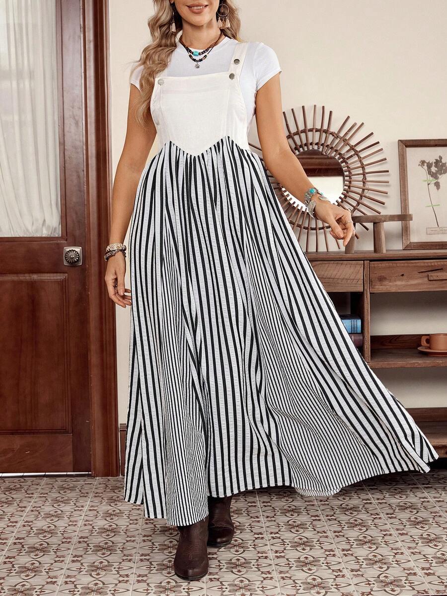 Women's Western Casual White Denim Effect Patchwork Black & White Striped Adjustable Strap Dress, LanaWest - White - View 1