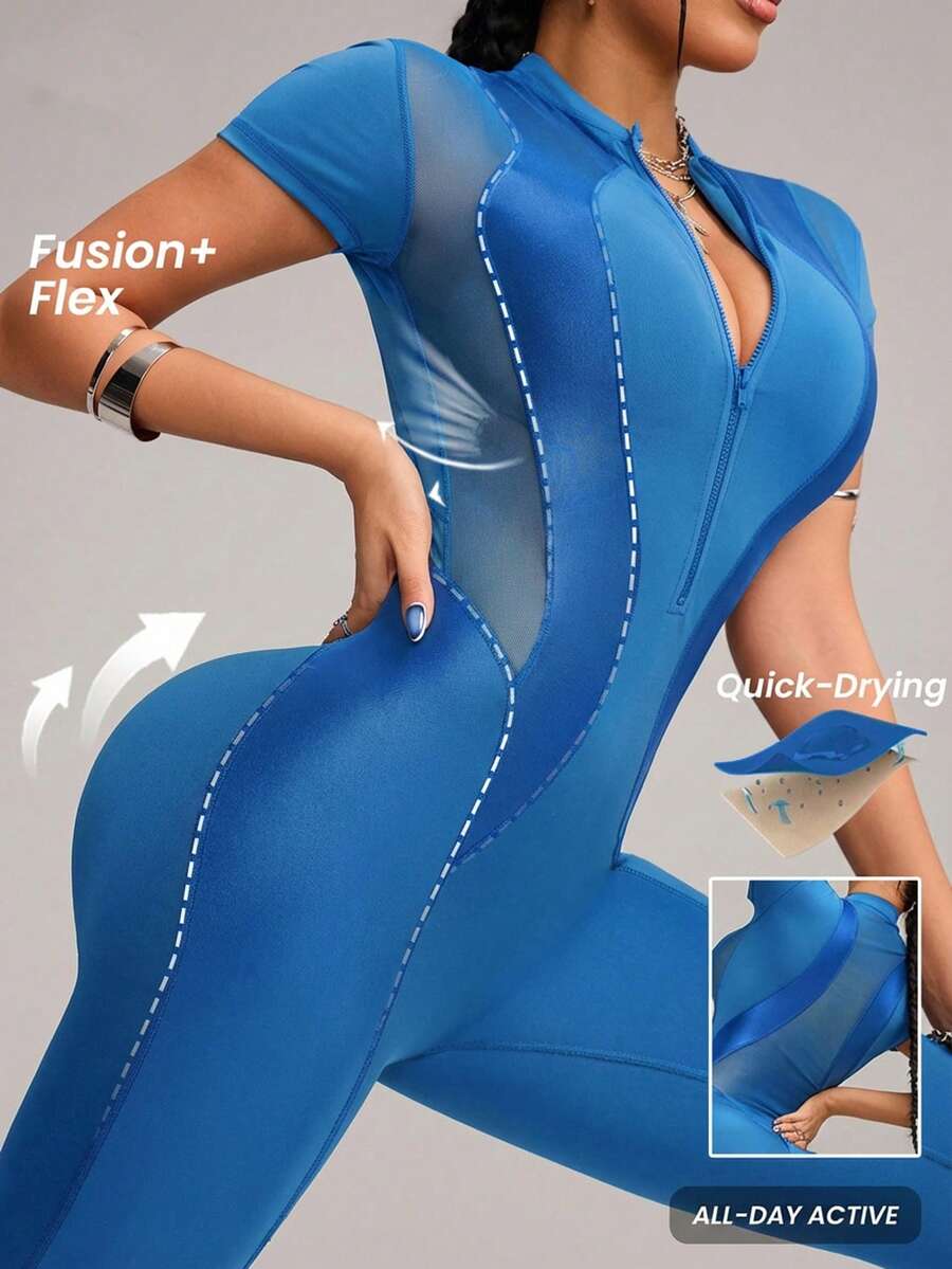 Innovista 女士纯色短袖网眼拼接拉链半开襟运动连体衣 - 寶藍色 - 查看 1