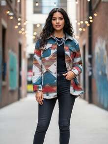 Mujer Chaqueta-Camisa Estilo Casual Vibrante con Patrón Geométrico Corte Amplio Manga Larga Temporada Otoño-Primavera Uso Informal - Azul - Ver 1