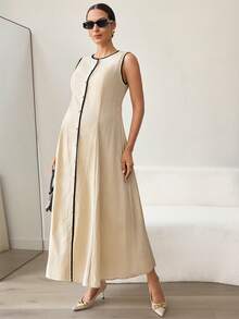 MaterniWear Maternity Clothes Maternity Jumpsuit Elegant Office Attire For Commuting Summer Khaki And Black Trim Round Neck Single-Breasted Sleeveless Maternity Dress, Long Style, Cotton Dress.