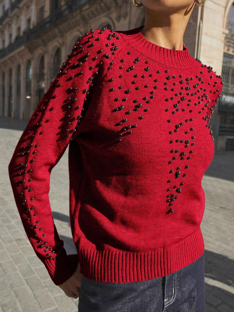 SHEIN Maija Women's Red Autumn Round Neck Beaded Rivet Design Sweater,Elegant Date Basic Urban Commute Style,Simple Fashion Business Casual Office Outing