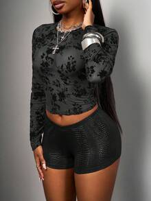 Slaydiva 2025秋冬新款复活节西式游牧风生日派对毕业季学生日常出游百搭基础休闲邮轮旅行植绒网眼上衣PU弹力短裤女式两件套-B - 黑色 - 查看 9