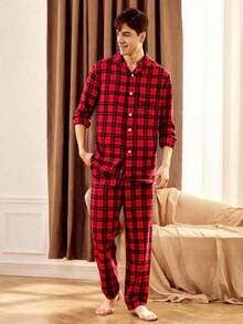 Velminro Men's Contrast Plaid Long Sleeve Pajama Set Shirt And Pants Set Men Men Pajama Set - Red - View 3