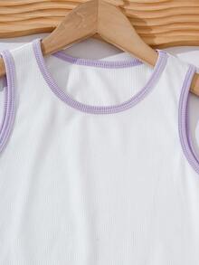 SHEIN Explorewe 2pcs/Set Tween Girls White Tank Top And Khaki Pants, Casual Style - Purple - View 4