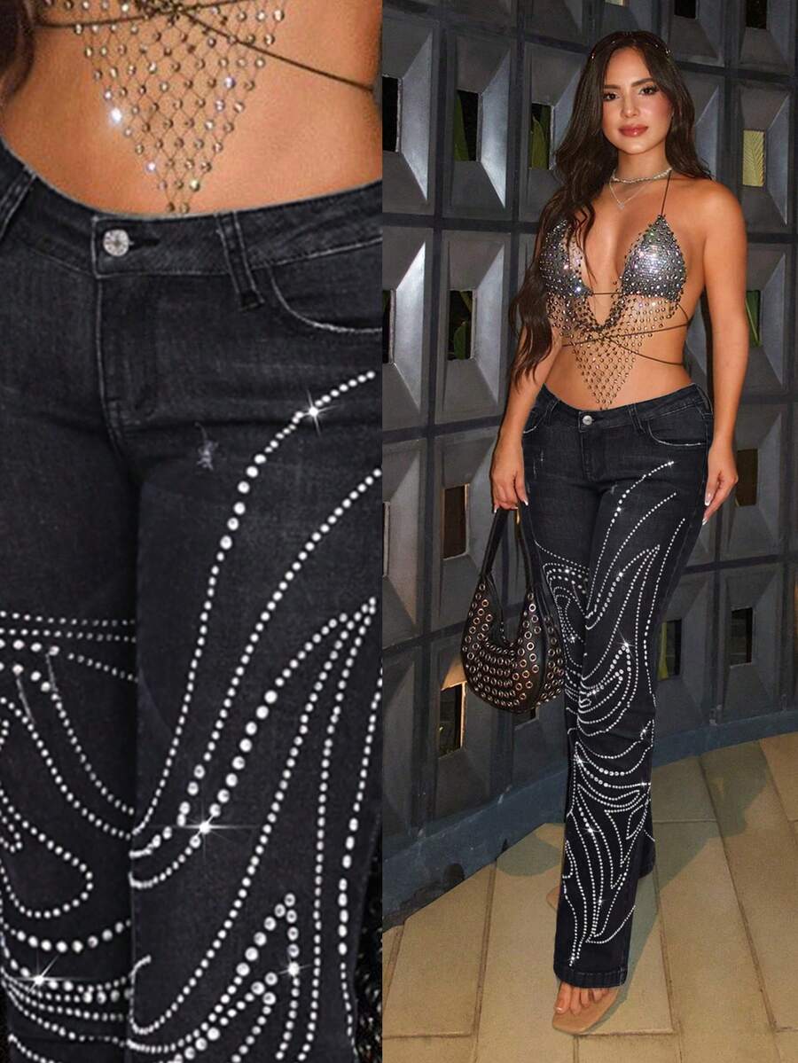 Jeanoix Women's Low Waist Slim Fit Rhinestone Embellished Pocket Fashionable Versatile Jeans - Black - View 1