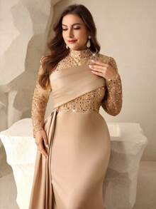 Coutiva 优雅秋冬高领长袖刺绣亮片拼接缎面鱼尾裙正式晚宴礼服，适合婚礼宾客、毕业舞会、派对、开斋饭等场合。 - 香檳色 - 查看 6