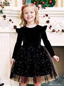 Glamorique Kids Váy Giáng sinh lưới sao nhung chắp vá màu đỏ mới cho bé gái, phù hợp cho mùa thu/đông, vải chất lượng, lưới sao mềm mại, thiết kế chắp vá nhung, phù hợp cho Giáng sinh và các dịp thường ngày - màu đen - Xem 7