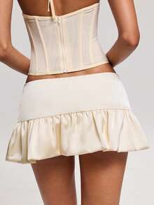 SHEIN BAE 女士时尚性感纯色低腰半身裙，内置短裤 - 芥末黃 - 查看 3